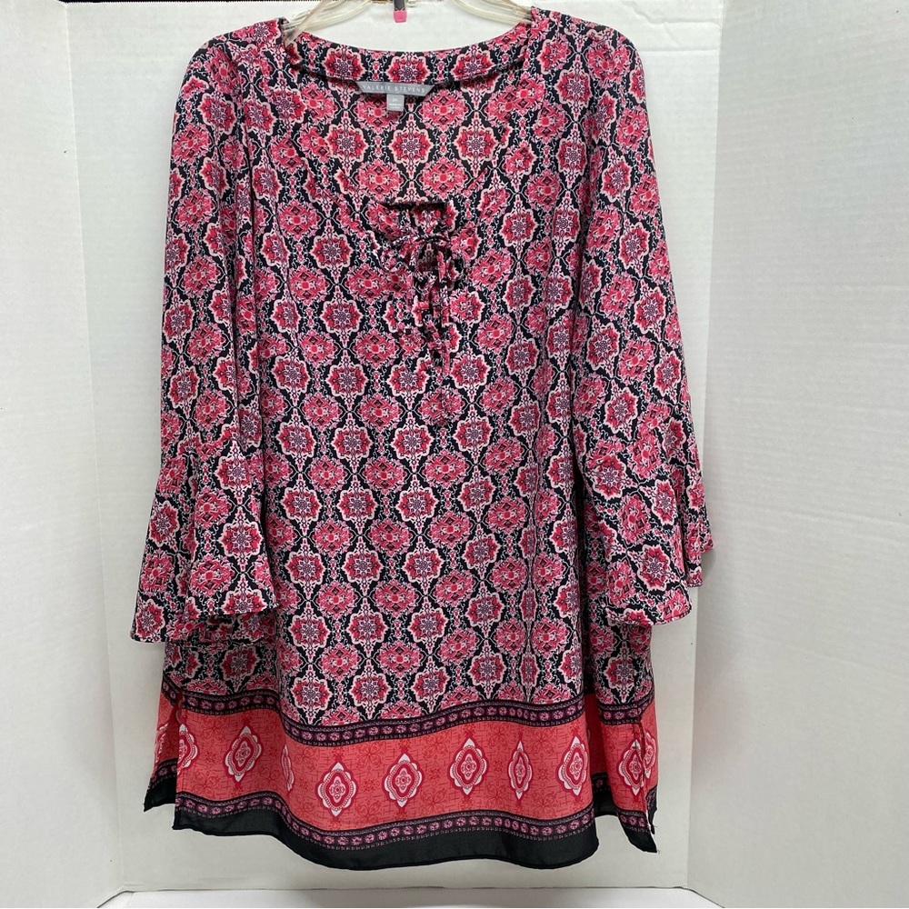 Valerie Stevens 2X Peasant Blouse Round Neck 3/4 Bell Sleeves Coral Black Pink